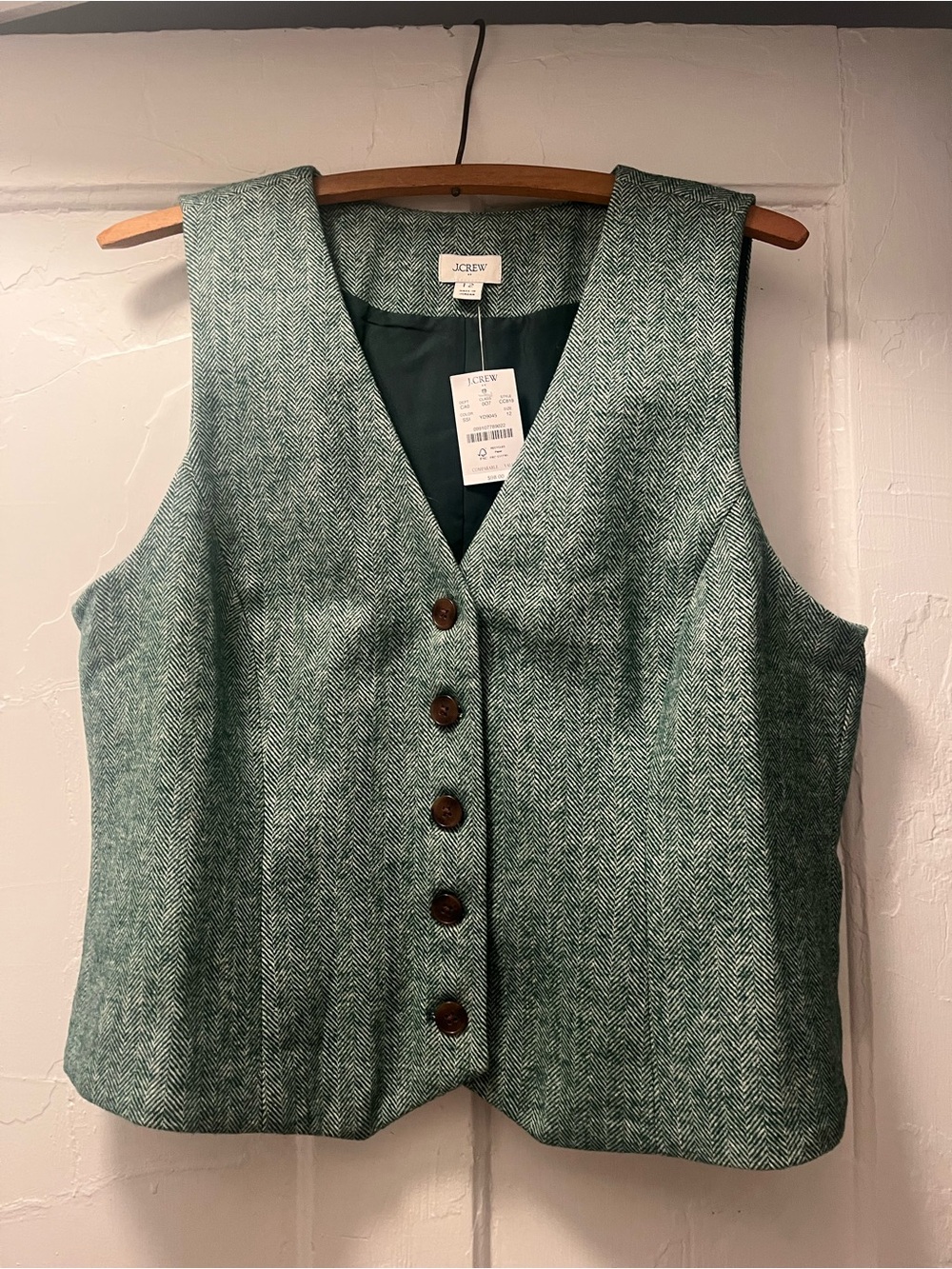 J. Crew Green Herringbone Wool Blend Vest